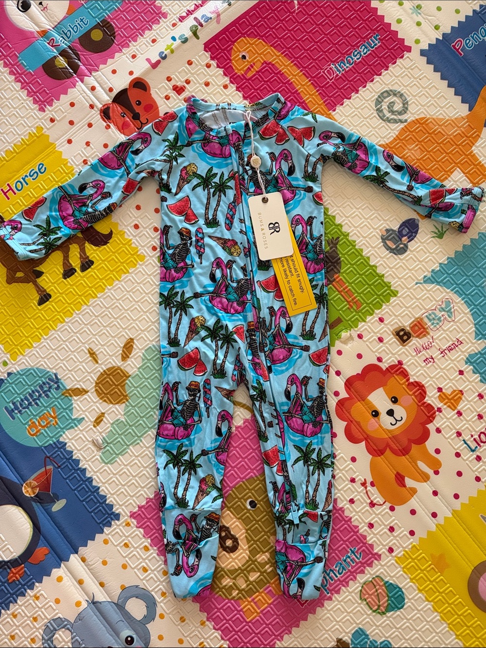 Bums & Roses Blue Flamingo Palm Zip-Front Kids One-Piece